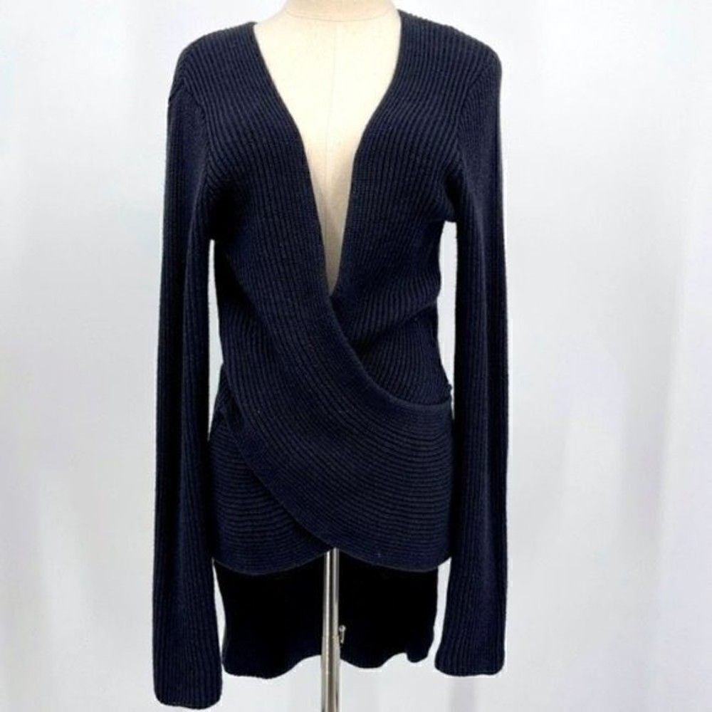 Nu construction Navy blue knit size sweater top small high low Faux wrap